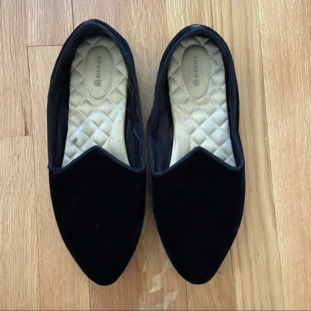 ❌SOLD❌ BIRDIES The Heron Black Velvet Suede Smoking Slipper Flat Slip On 11 - Picture 3 of 9